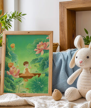 Serene illustration with girl among lotus flowers and green leaves