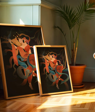 Elegant depiction of a goddess playing a lute with flowing ribbons