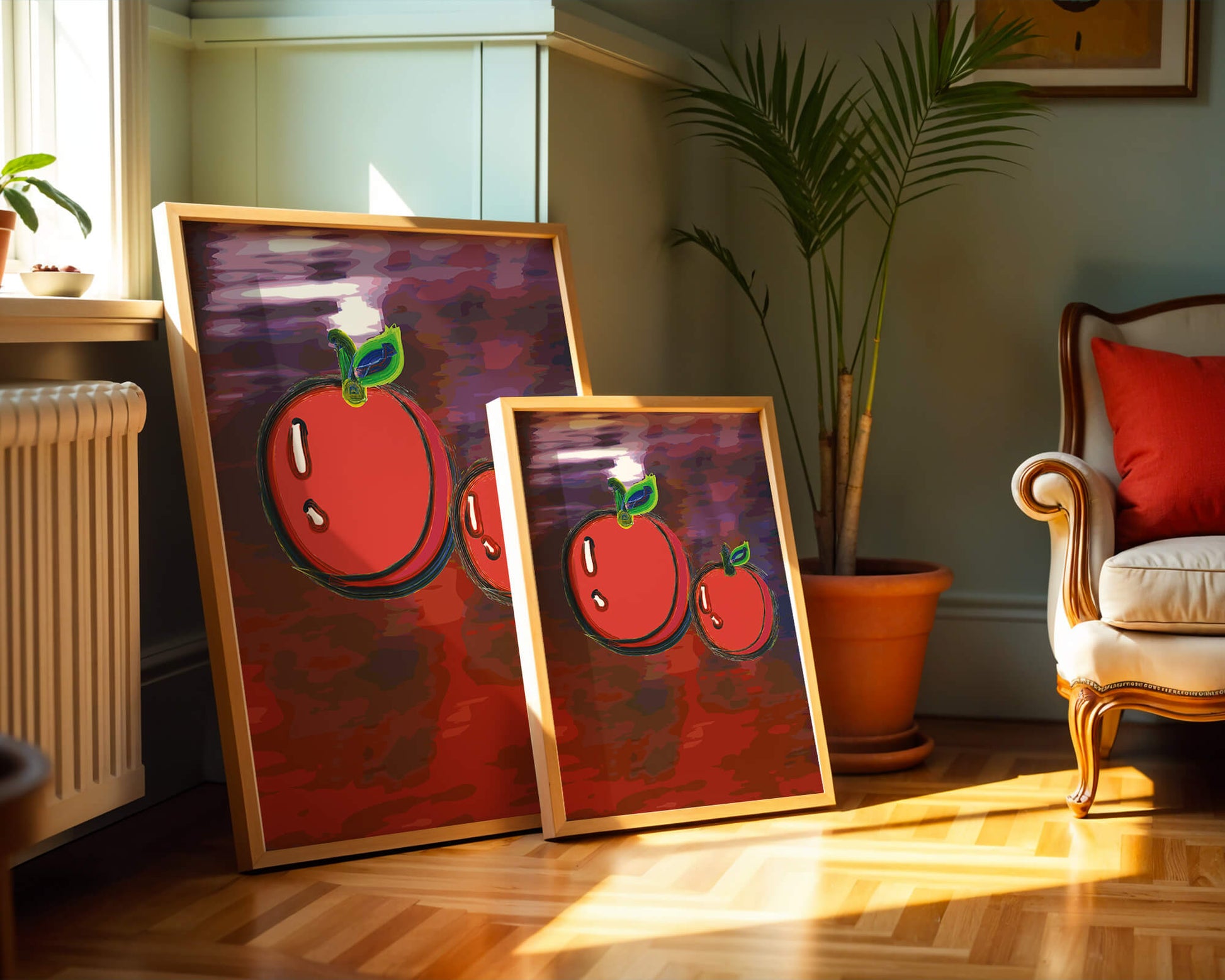 Dos manzanas abstractas con fondo colorido