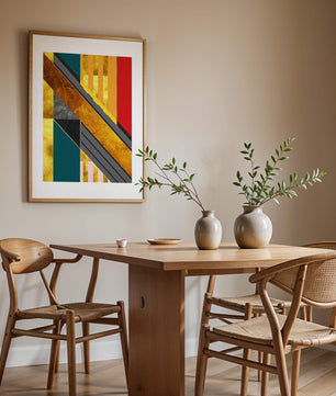 Abstract geometric design with gold accents and vibrant colors