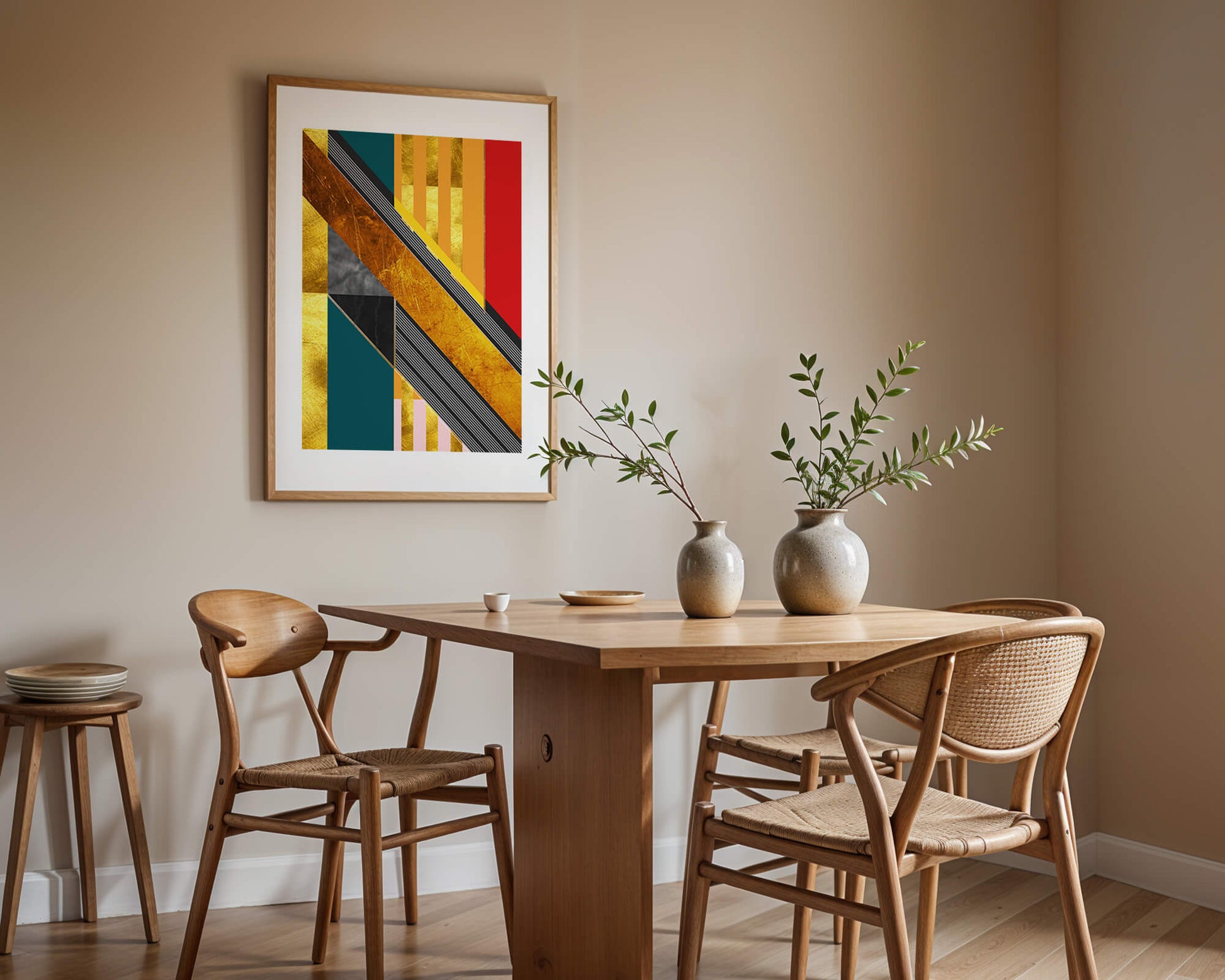 Abstract geometric design with gold accents and vibrant colors