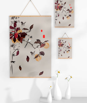 Elegant nature illustration featuring butterflies and birds on a branch