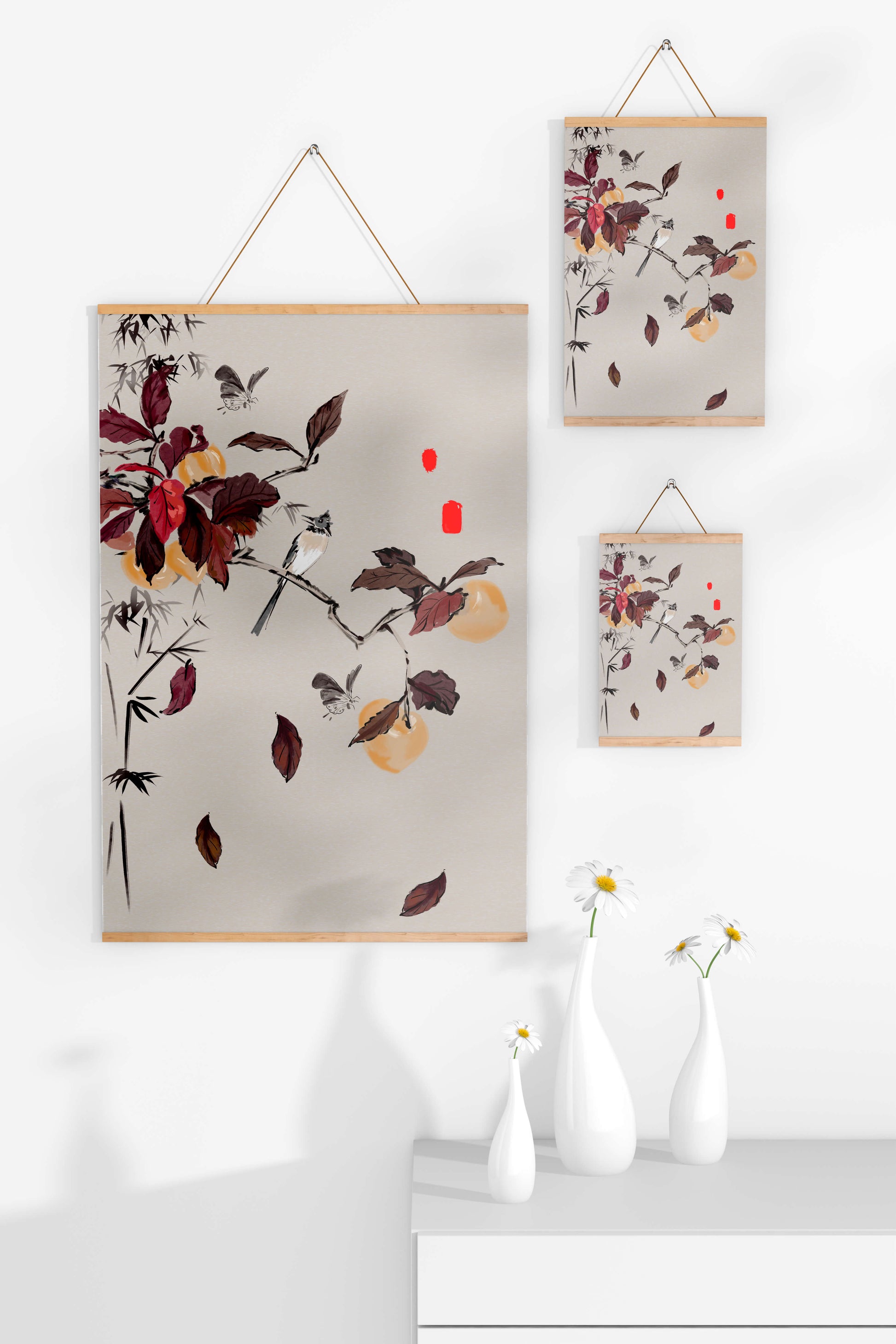 Elegant nature illustration featuring butterflies and birds on a branch
