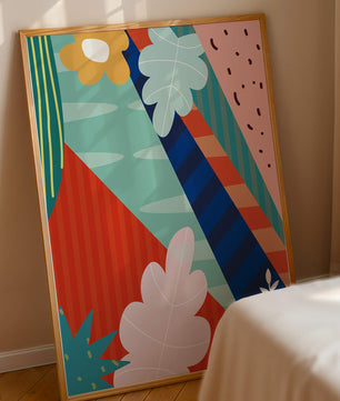 Abstract floral geometric design with vibrant colors and bold patterns