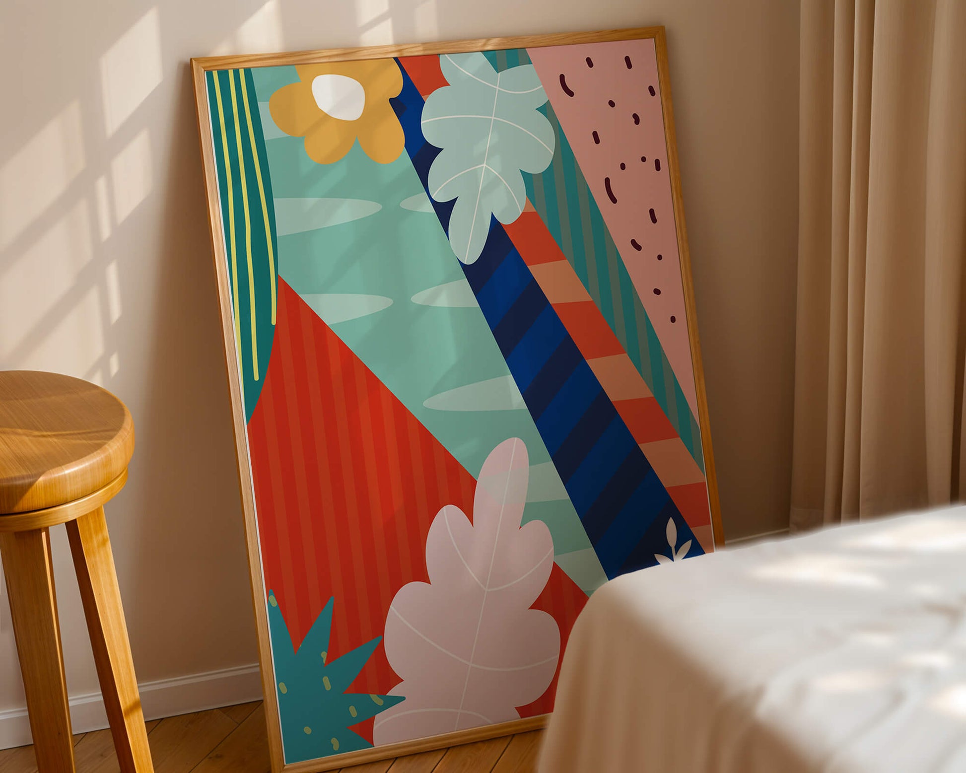 Abstract floral geometric design with vibrant colors and bold patterns