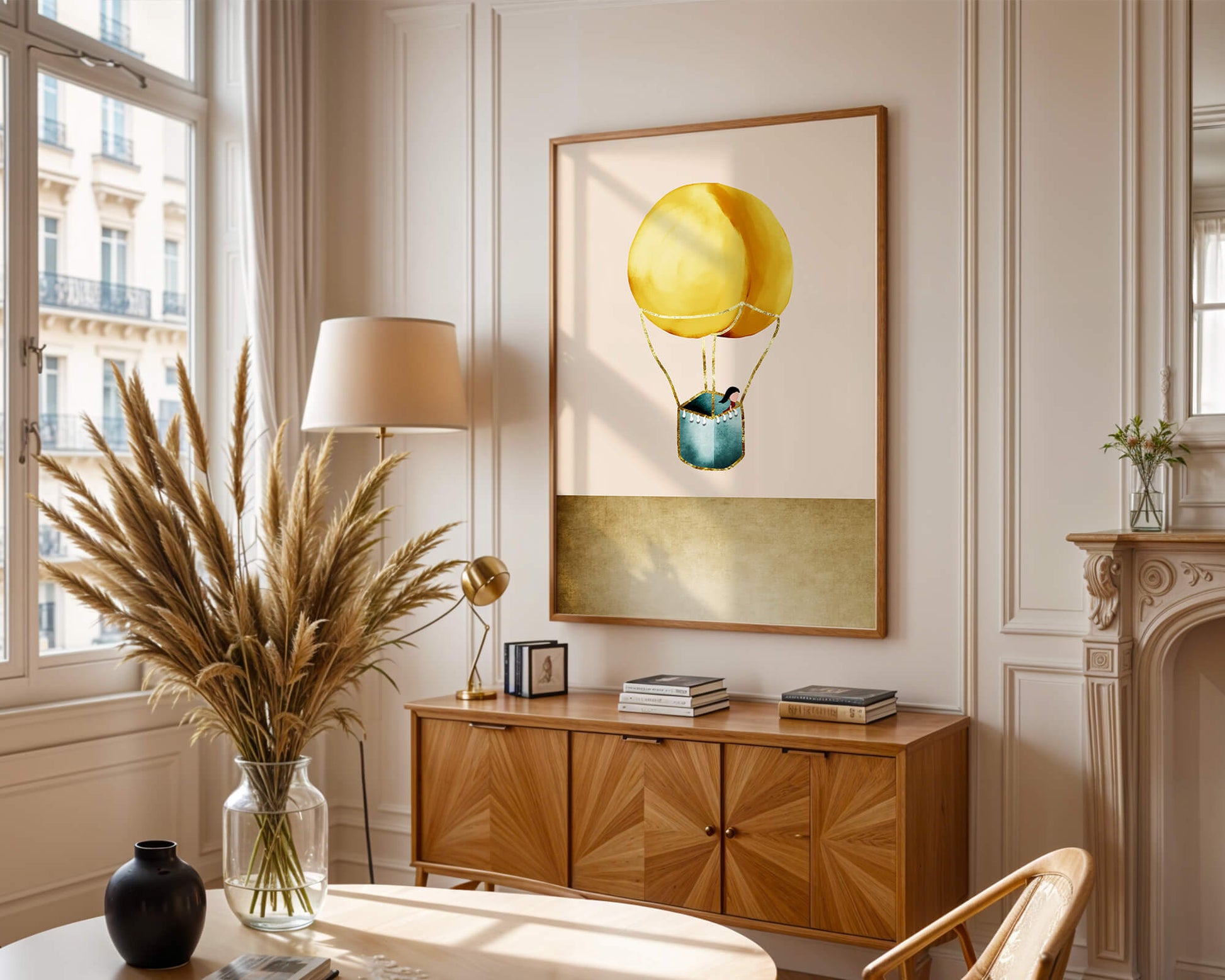 Charming Hot Air Balloon Illustration with Golden Accents