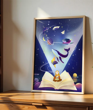 Imaginative galaxy scene with books and a child