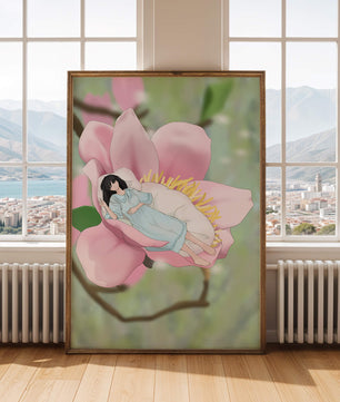 Escena onírica de una mujer durmiendo en una gran flor rosa