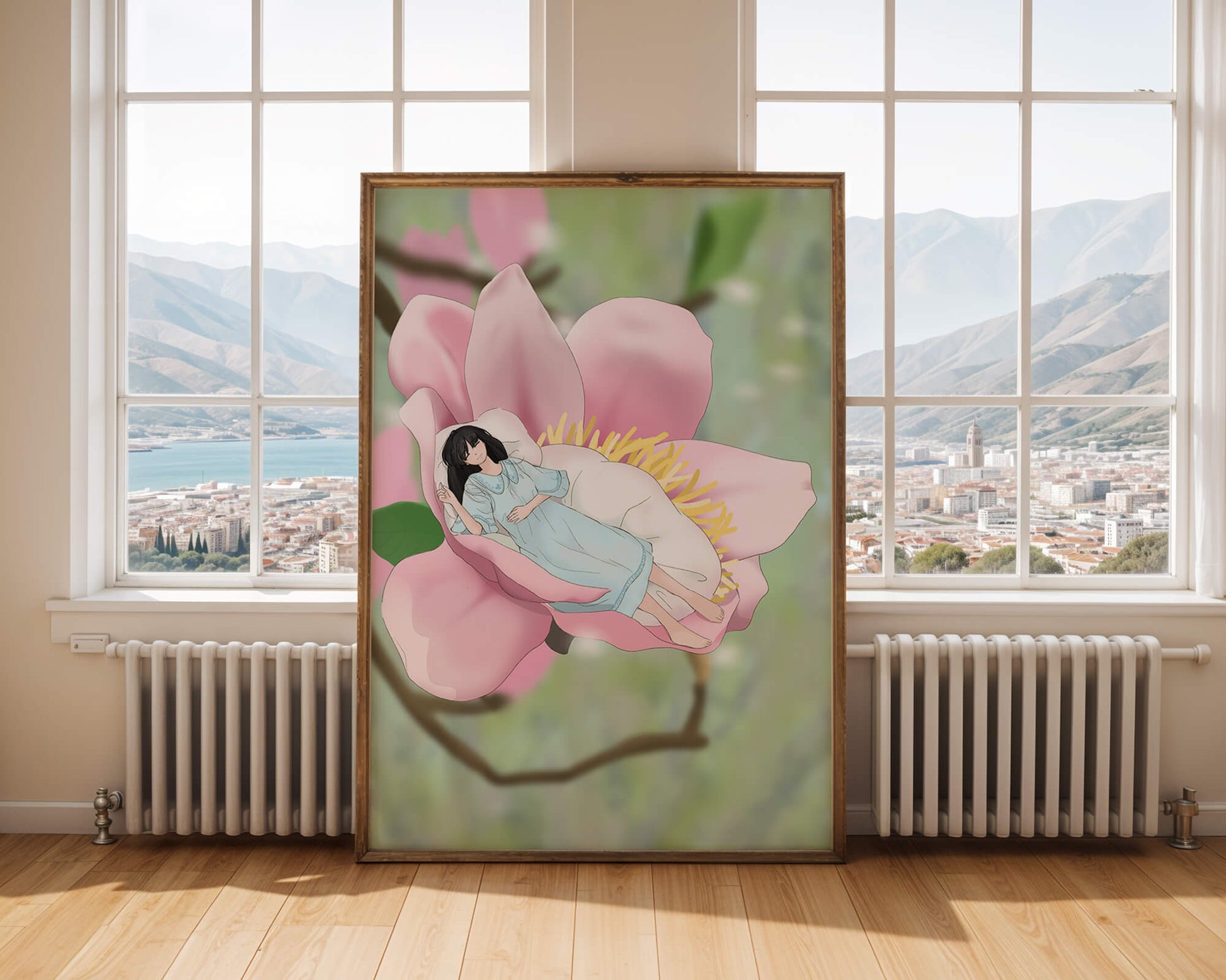 Dreamlike scene of a woman sleeping in a large pink flower