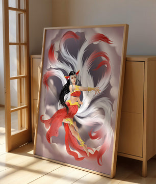 Graceful fantasy fox spirit with flowing tails and red attire in mystical clouds