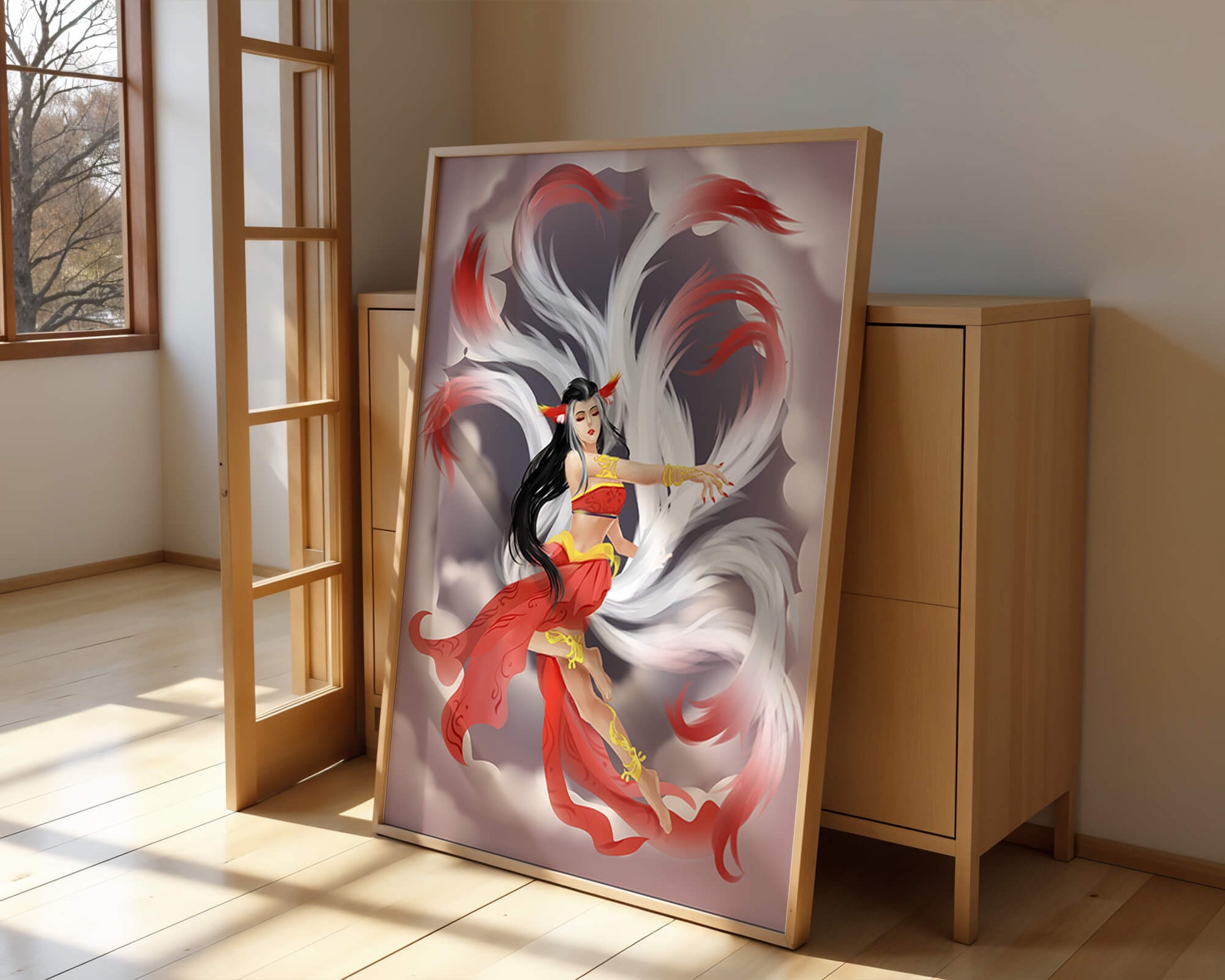 Graceful fantasy fox spirit with flowing tails and red attire in mystical clouds