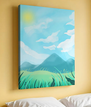 Sunny Day Overlooking a Mountain Landscape with Rolling Hills and Blue Sky