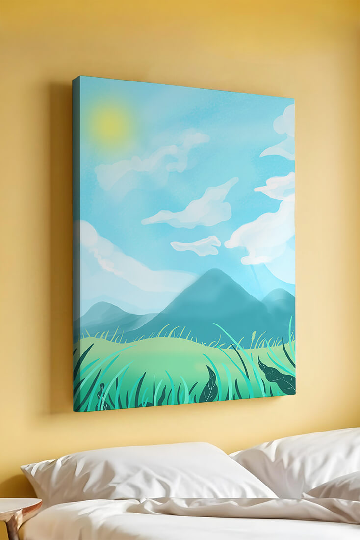 Sunny Day Overlooking a Mountain Landscape with Rolling Hills and Blue Sky