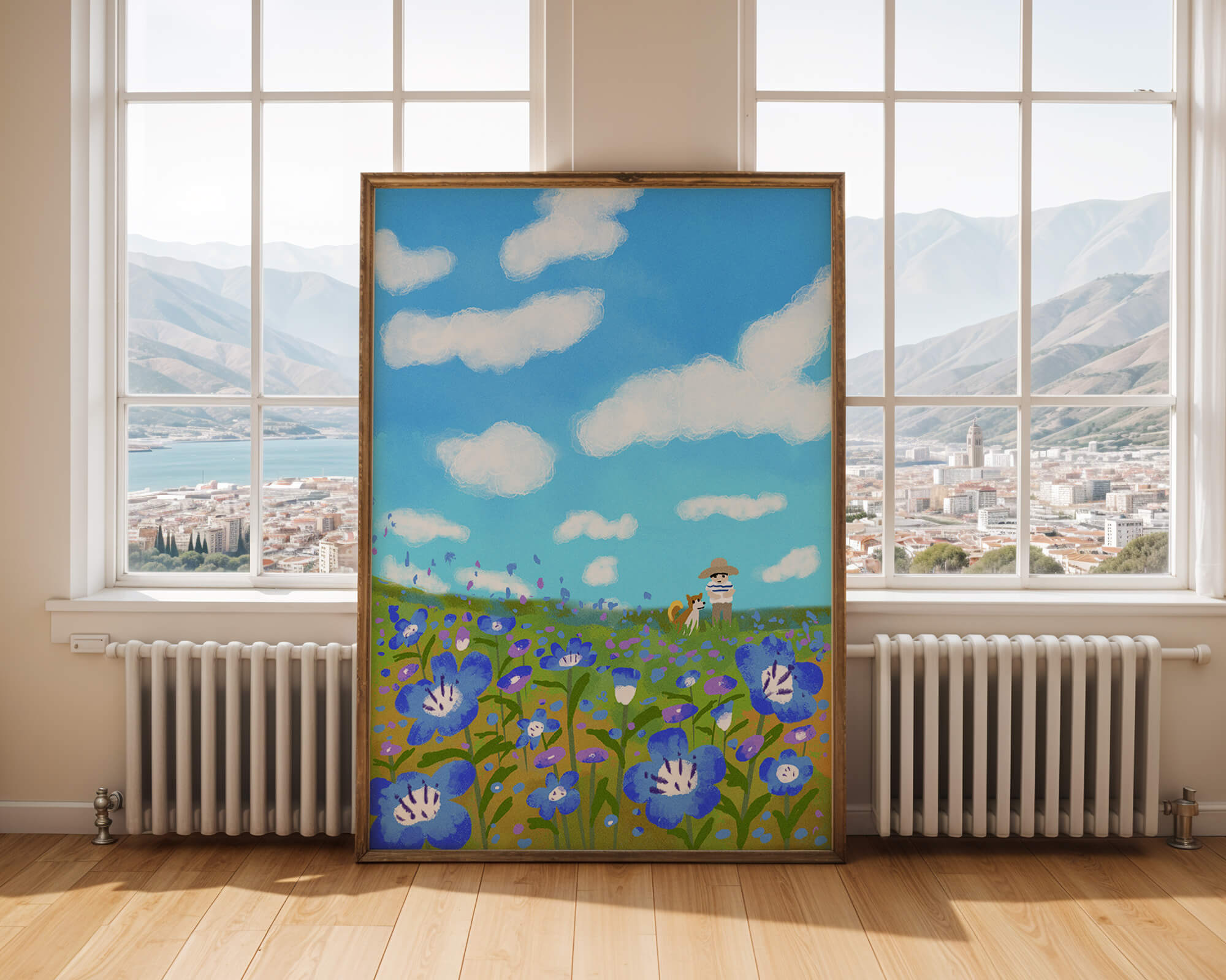 Man and dog in vibrant flower meadow under blue sky