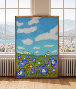 Mann und Hund auf einer leuchtenden Blumenwiese unter blauem Himmel