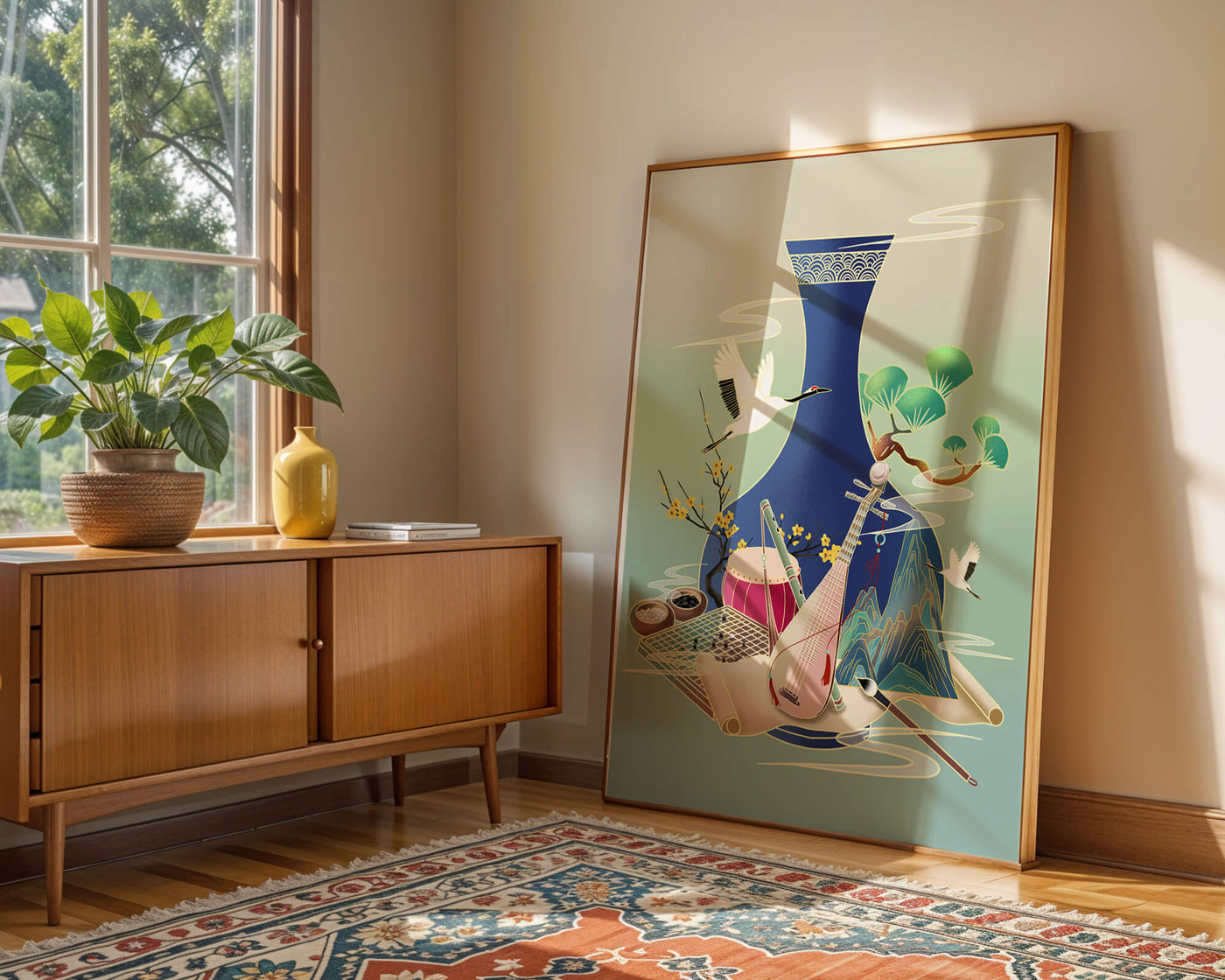 Traditional Asian art scene featuring vase, musical instruments, and cranes