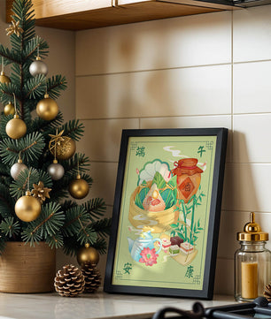 Illustration de nourriture festive chinoise mettant en scène des zongzi traditionnels et un service à thé