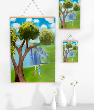 Young woman painting near a tree by a waterfall with a vibrant sky