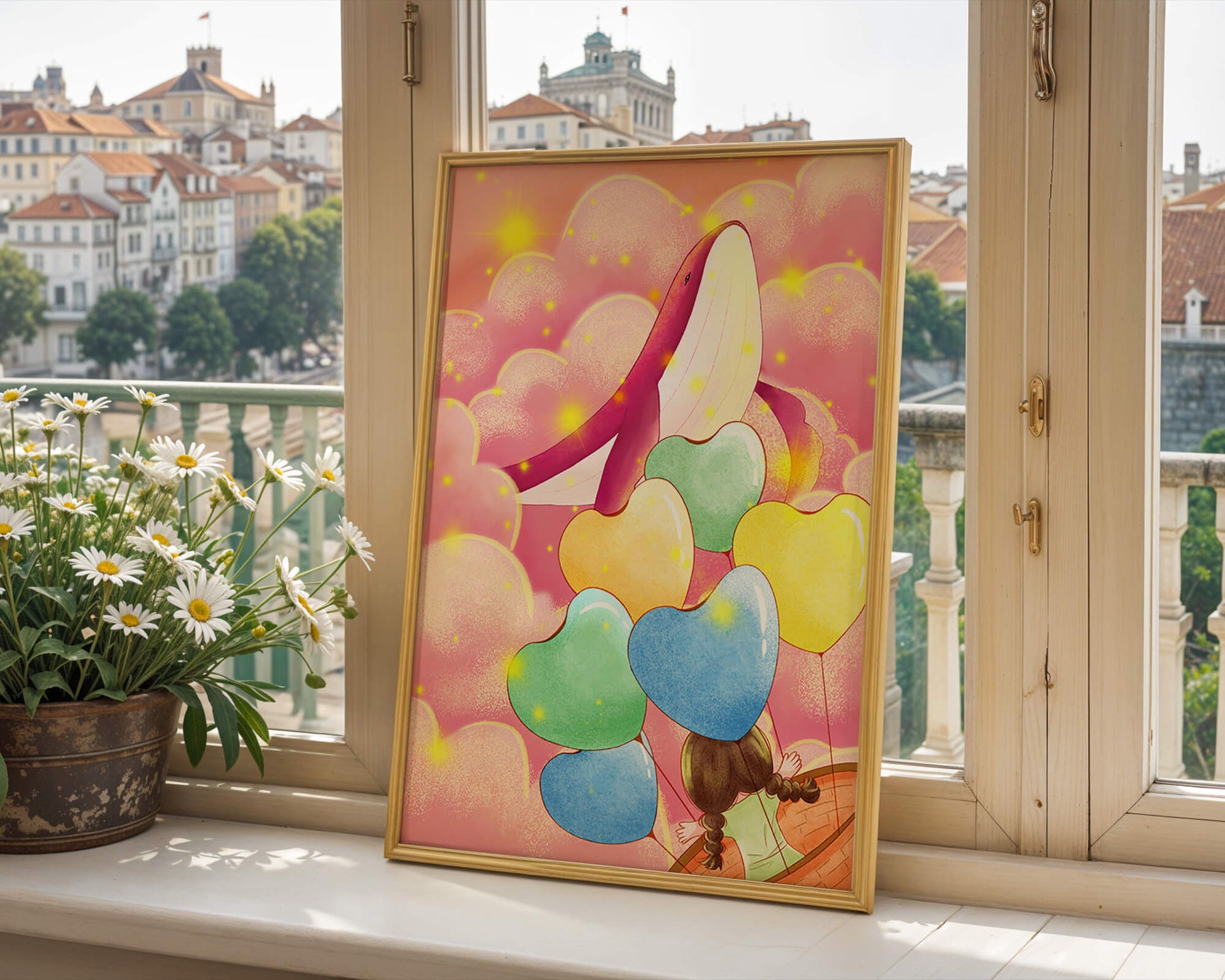 Globos en forma de corazón y ballena en una escena colorida y caprichosa.