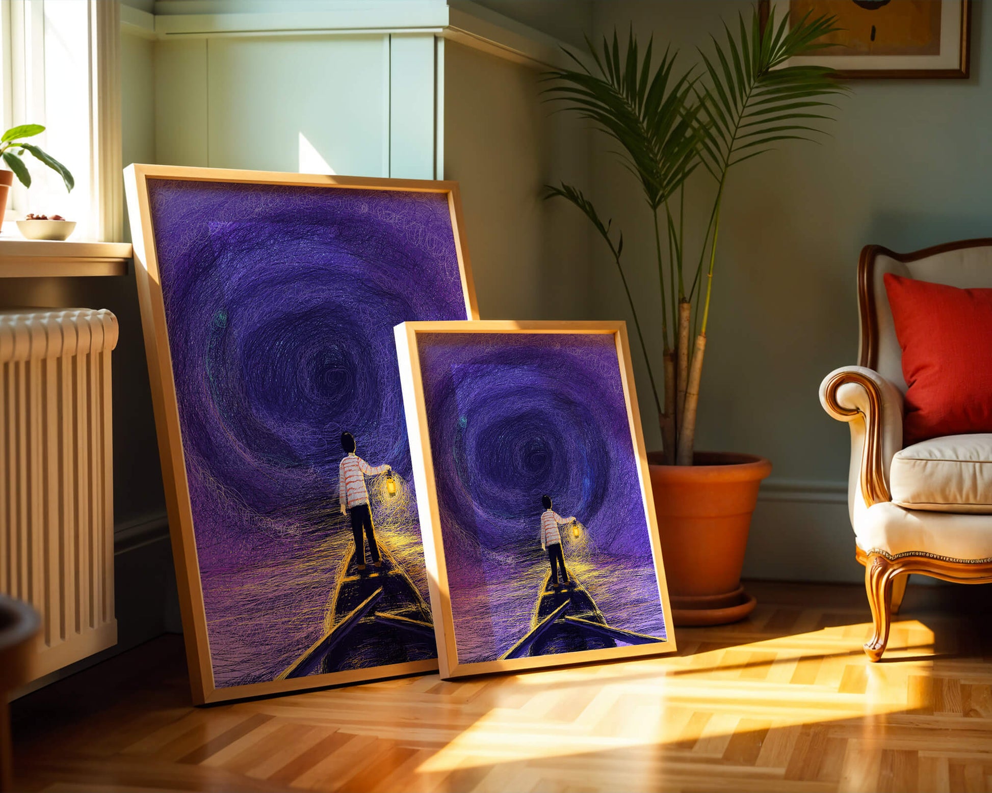 A boy holding a lantern on a boat in a swirling purple vortex