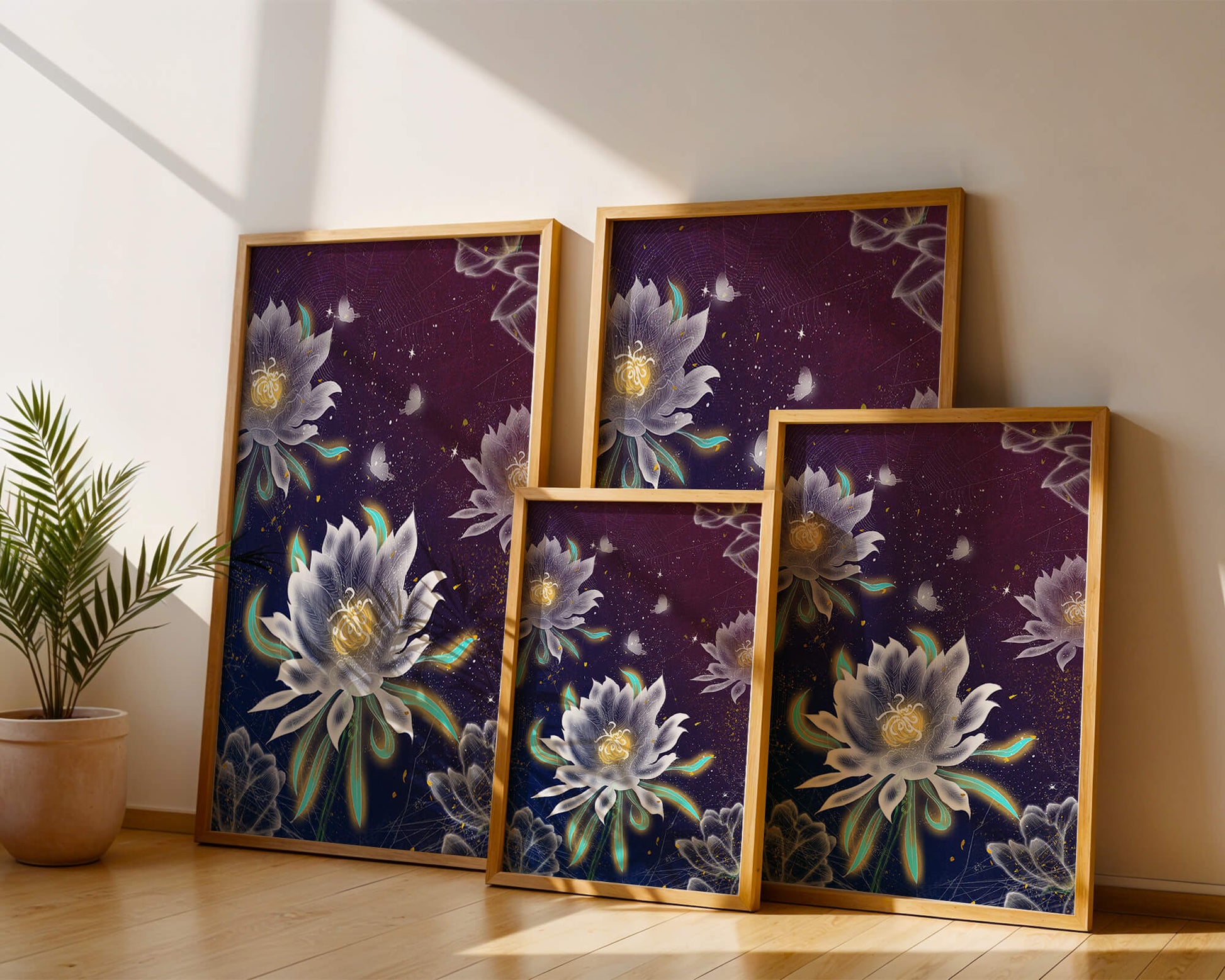 Floral Fantasy with Glowing Elements and Butterflies in Night Sky