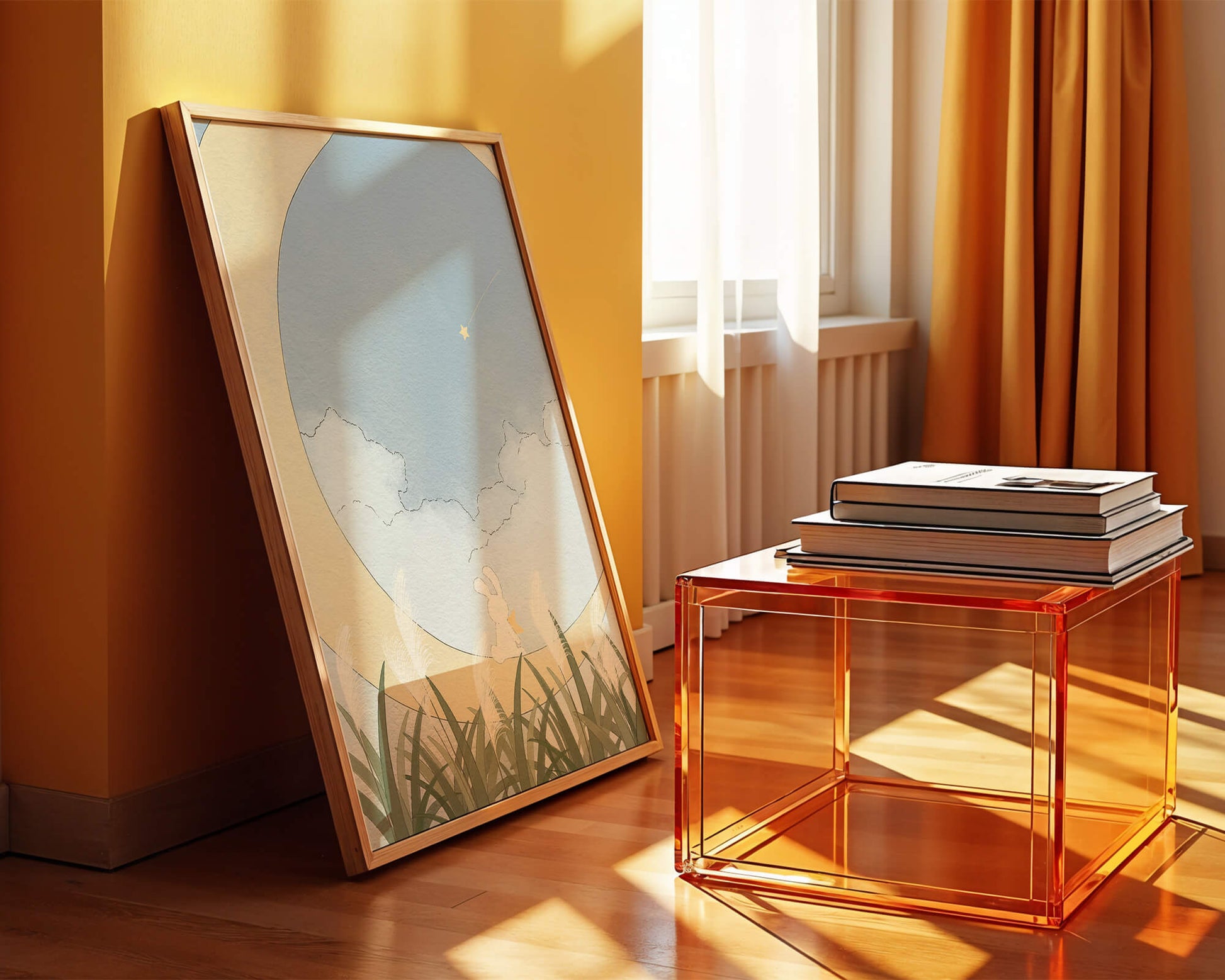 Dreamy Rabbit Sitting on Crescent Moon with Star and Clouds in Sky