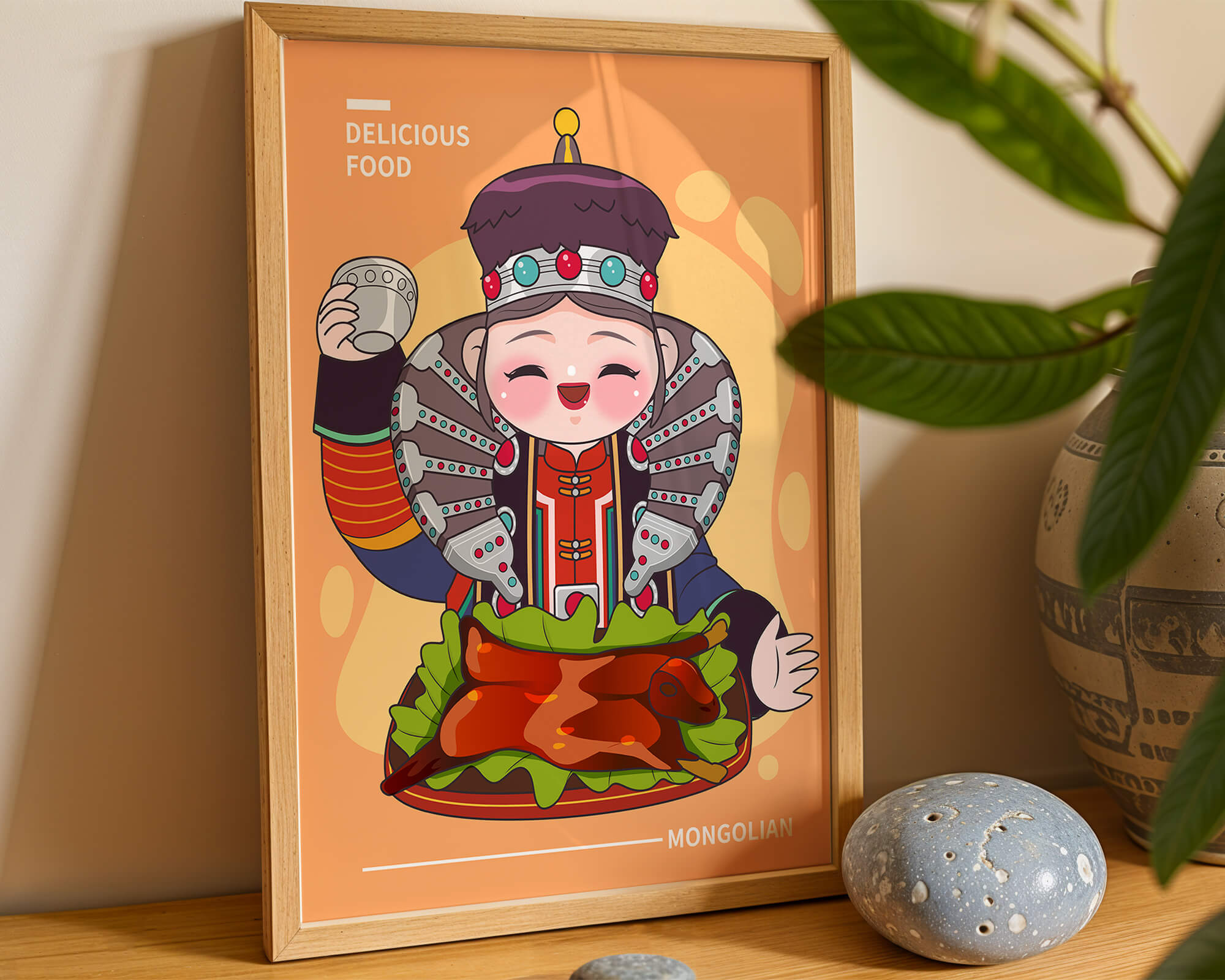 Cartoon character in traditional Mongolian attire with food