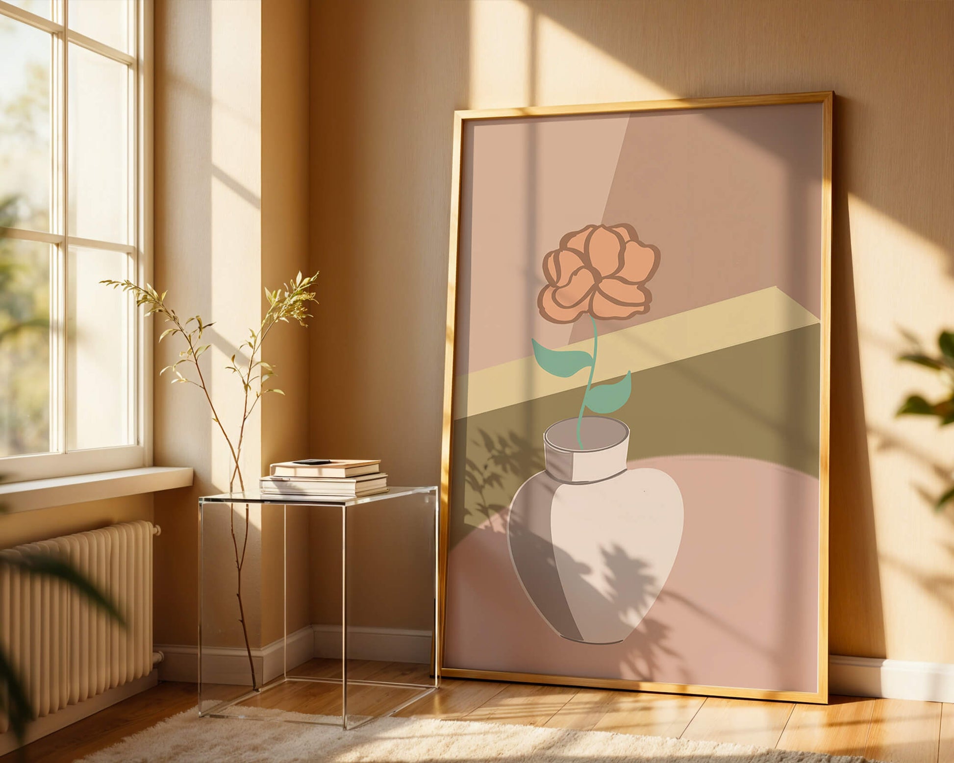 Ilustración abstracta de un jarrón con una flor en colores pastel