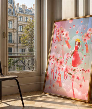 Scène printanière sereine avec des cerisiers en fleurs et une fille portant un chapeau