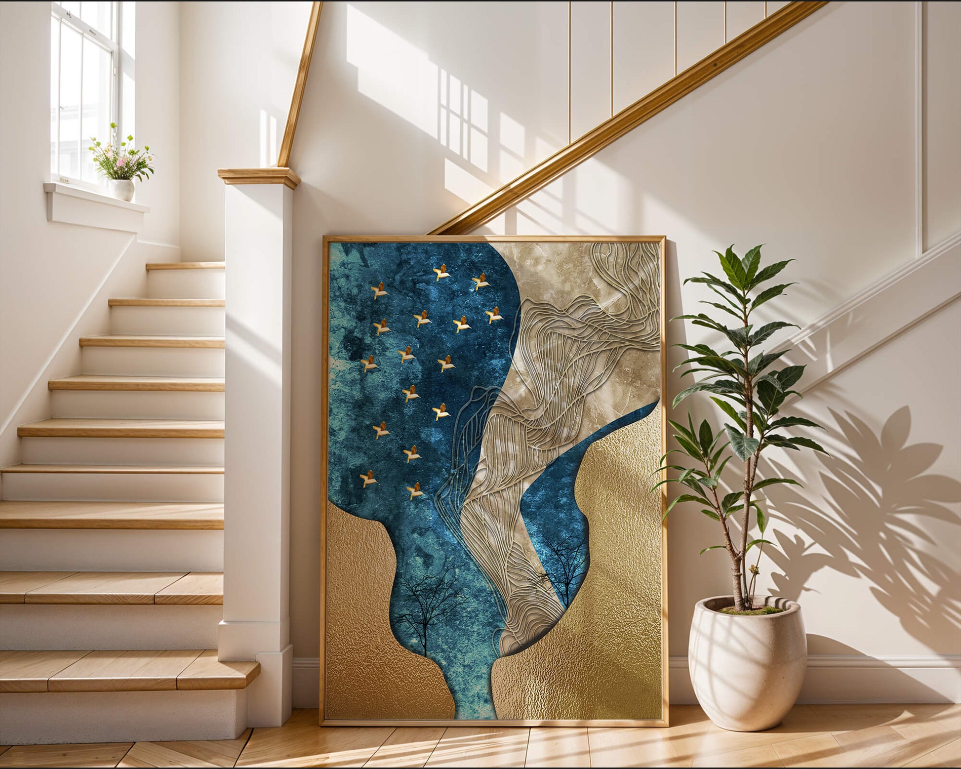 Abstract Textured Landscape with Gold and Blue Elements