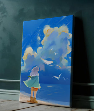 Young person gazing at a vibrant seaside sky with birds flying