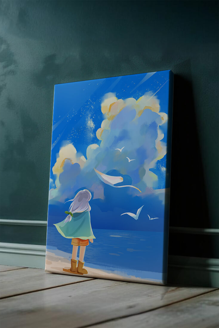 Young person gazing at a vibrant seaside sky with birds flying