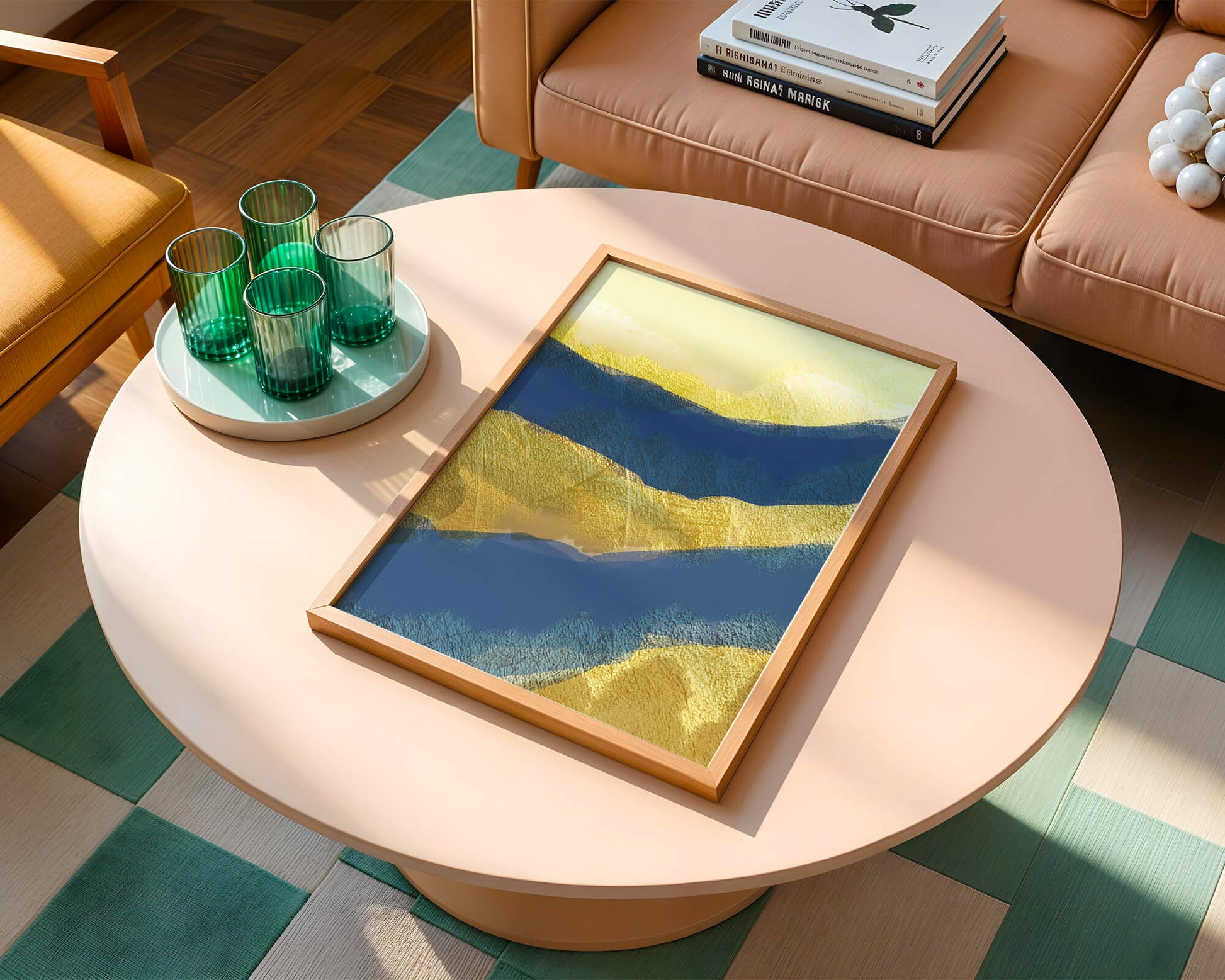 Abstract landscape with blue and yellow textured layers