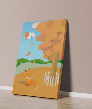 Herbstszene mit einem süßen Fuchs, Heißluftballons und einem bunten Baum
