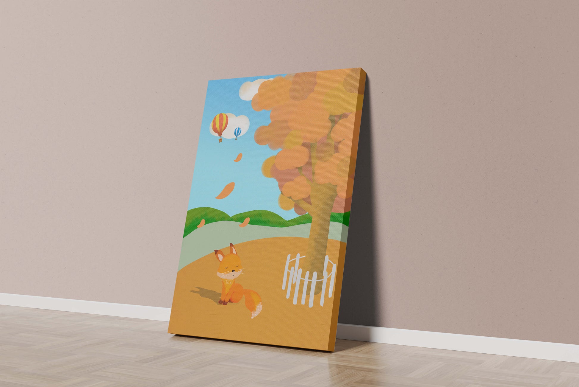 Herbstszene mit einem süßen Fuchs, Heißluftballons und einem bunten Baum