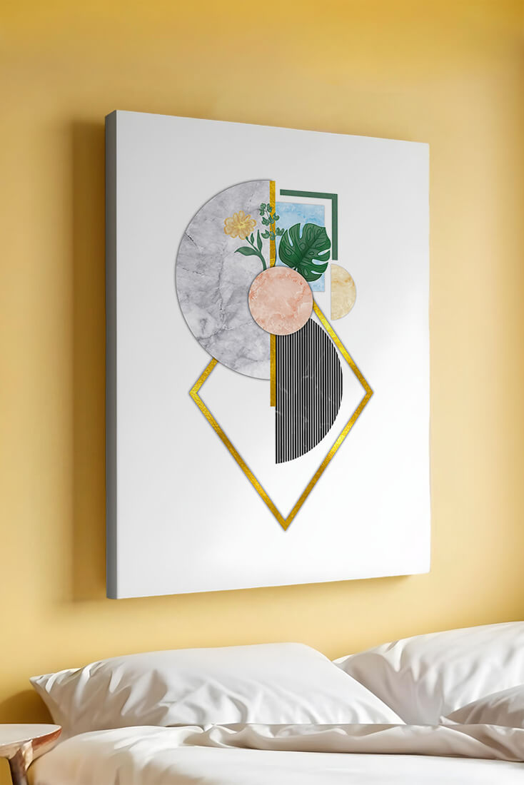 Abstract geometric art with floral and gold accents