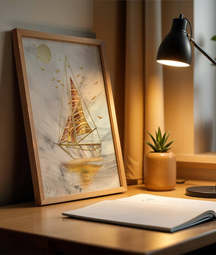 Elegant sailboat with gold elements against a textured sky