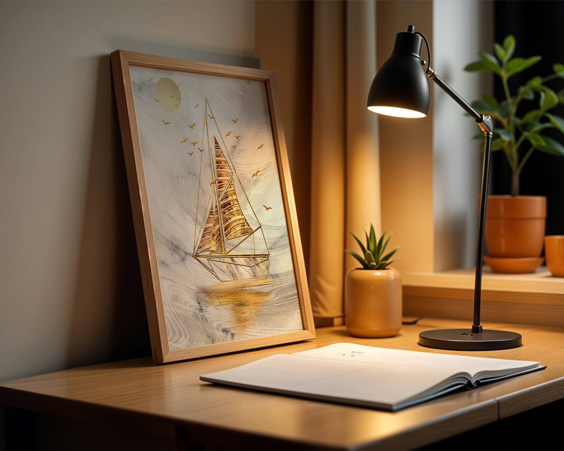 Elegant sailboat with gold elements against a textured sky