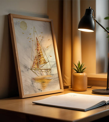 Elegant sailboat with gold elements against a textured sky