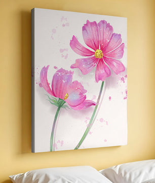 Flores delicadas en acuarela rosada con salpicaduras artísticas en lienzo