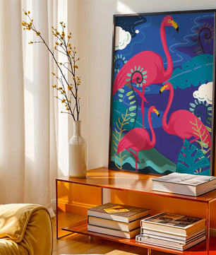 Colorful illustration of flamingos in a tropical setting