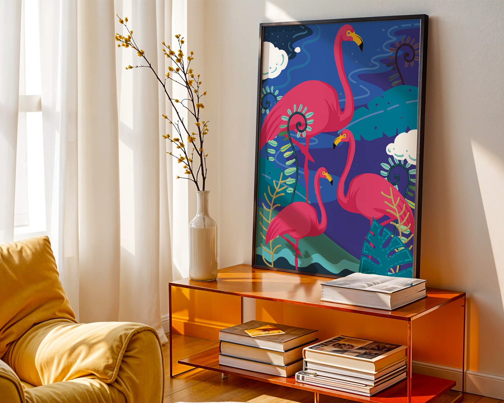 Colorful illustration of flamingos in a tropical setting