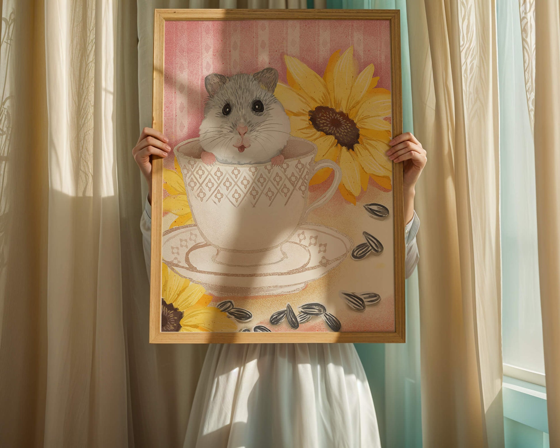 Adorable hamster in teacup with sunflowers and seeds