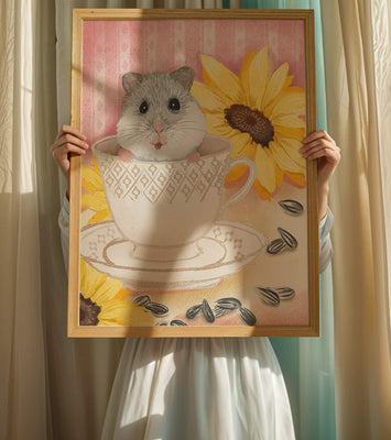 Adorable hamster in teacup with sunflowers and seeds