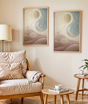 Minimalist landscape with sun, moon, and wolf in pastel hues