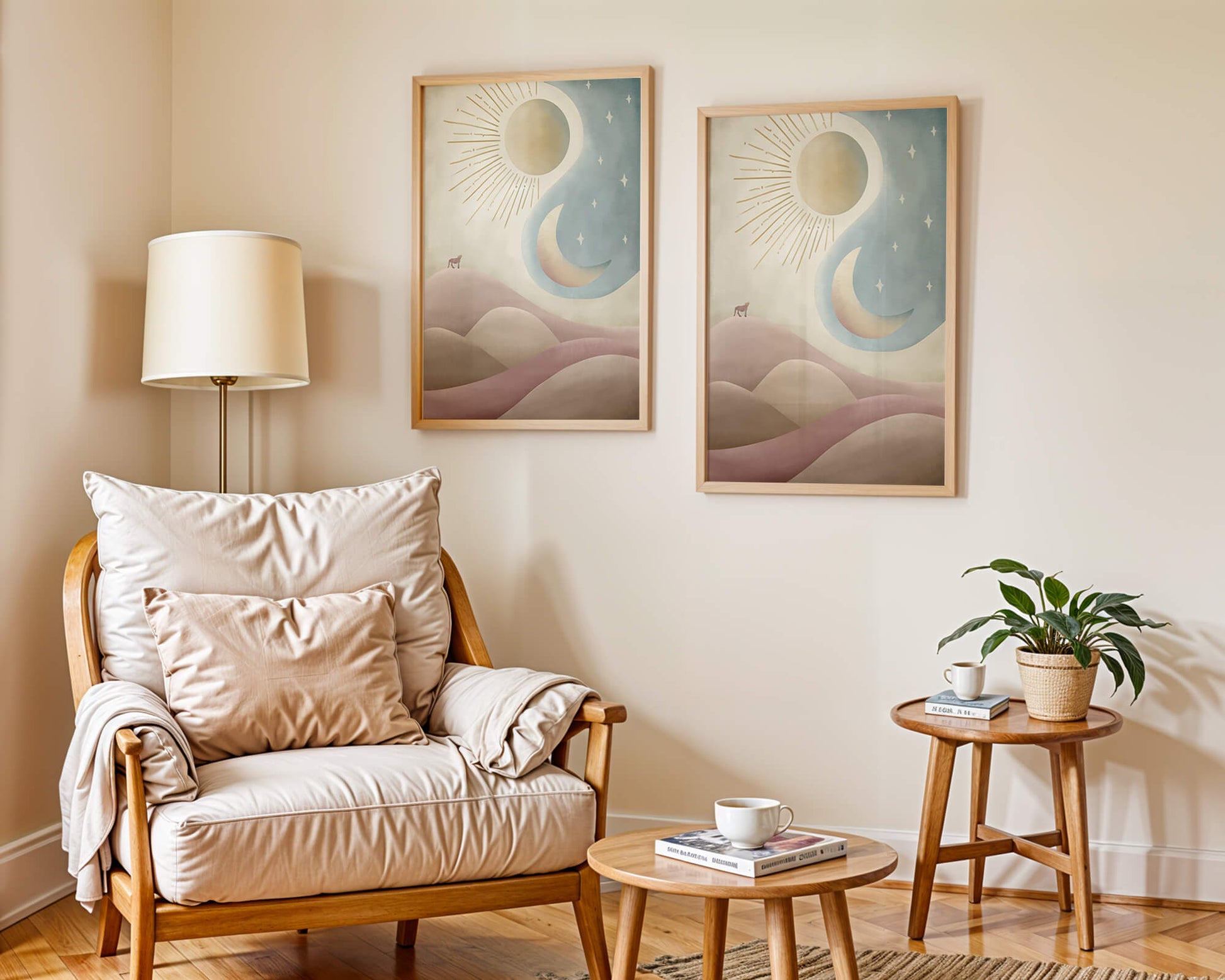 Minimalist landscape with sun, moon, and wolf in pastel hues