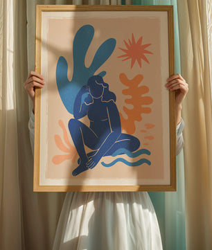 Abstract Illustration of a Blue Silhouette Woman with Organic Shapes