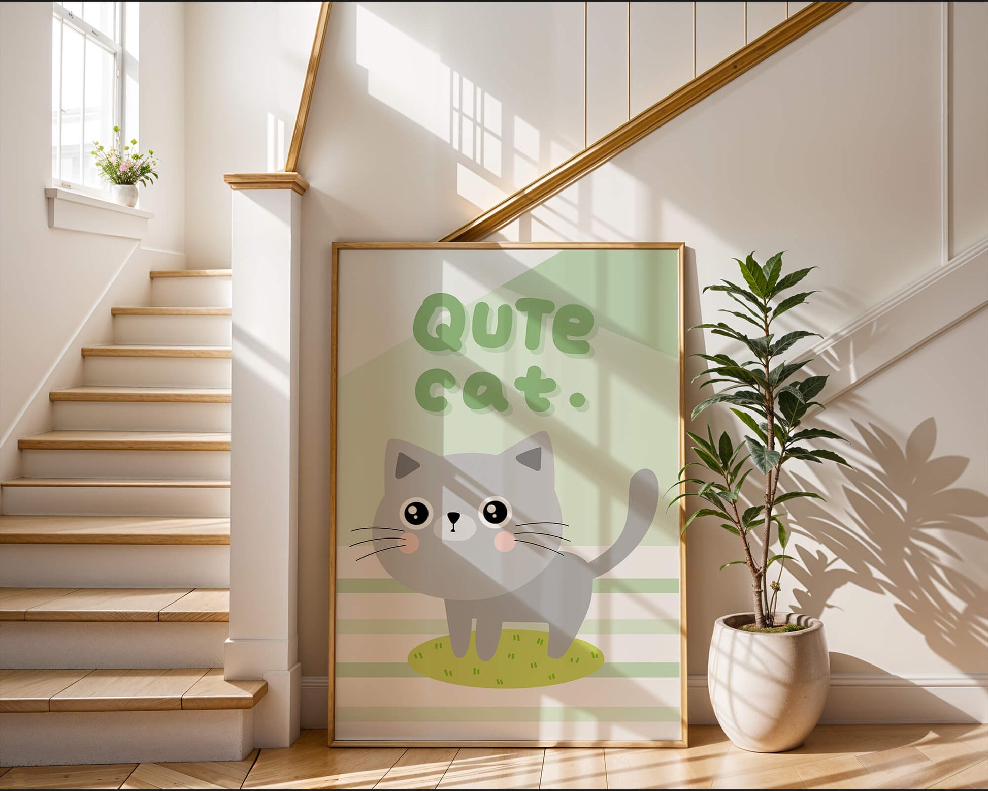Adorable cartoon cat illustration on pastel background