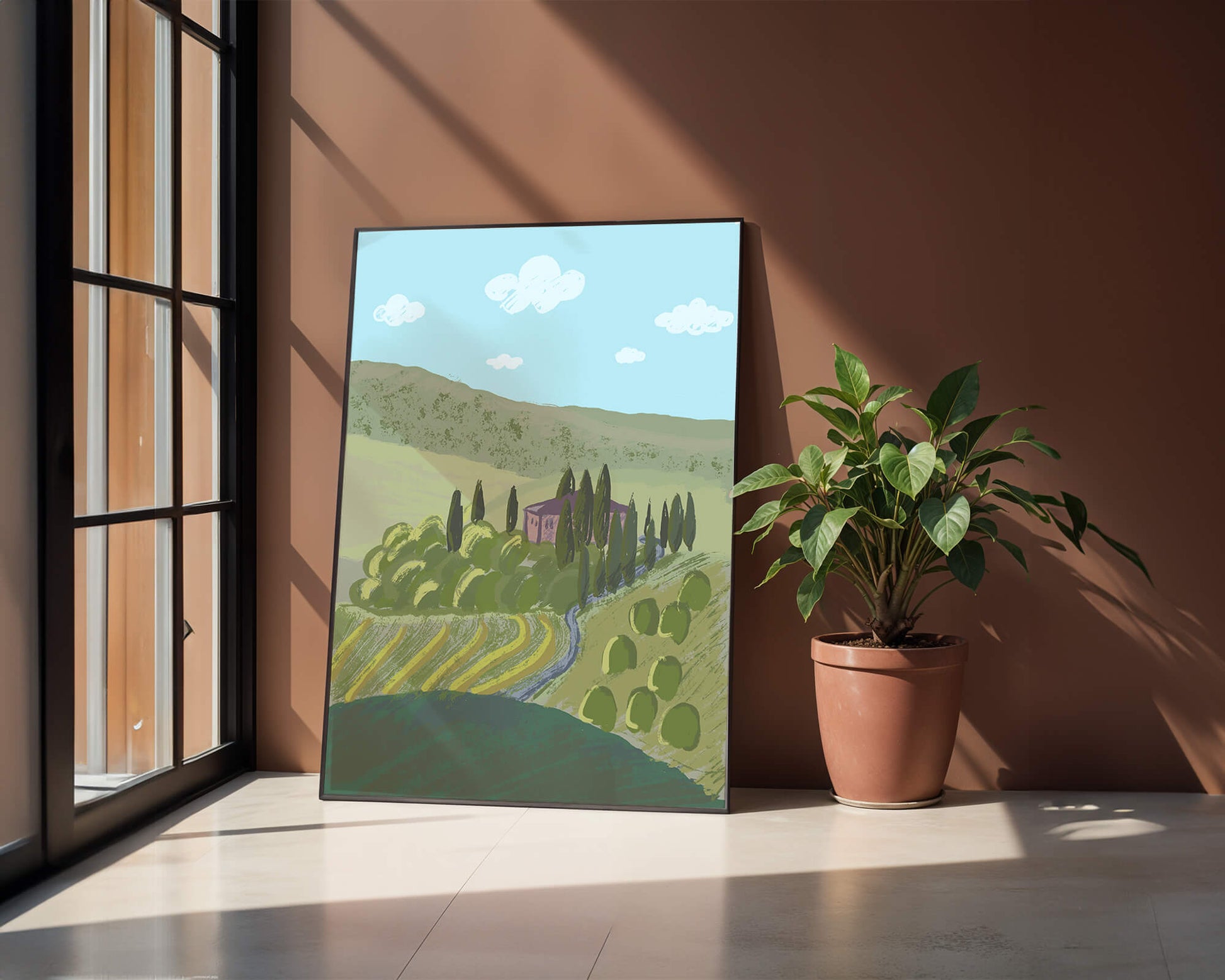 Charming Tuscan Countryside Landscape with Rolling Hills and Cypress Trees