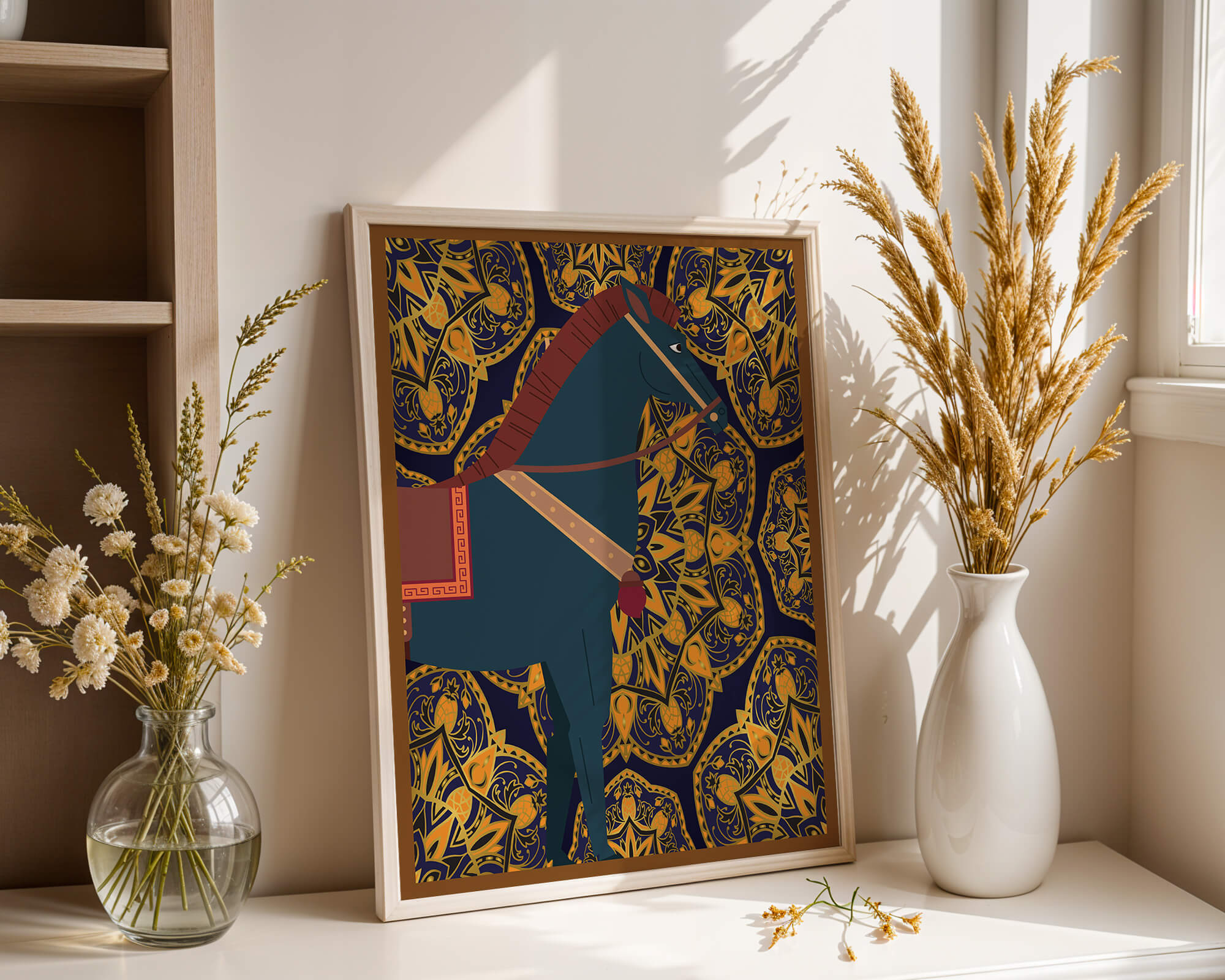 Stylized horse illustration on intricate golden pattern background